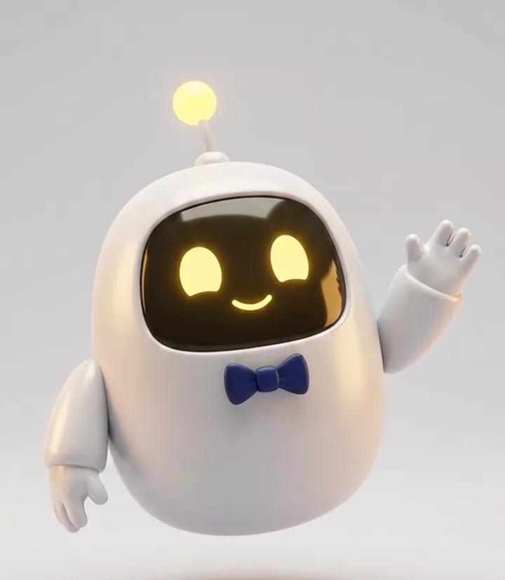 Bit, a small white robot with glowing yellow eyes, an antenna light and a navy bow tie, waving